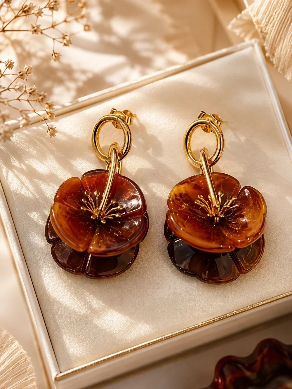 Amber Flower Drop Earrings with Gold Accents